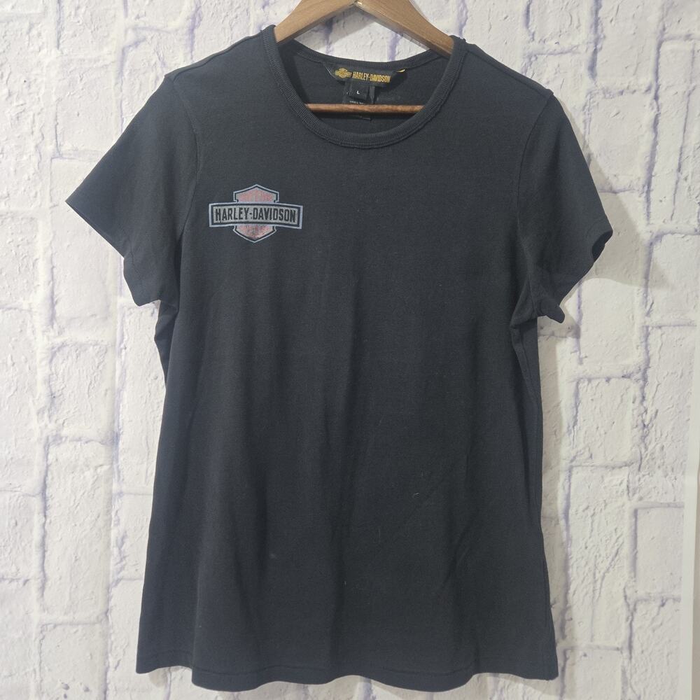 Harley-Davidson Womens Black Cotton Graphic Tee Eagle American Flag Logo Large